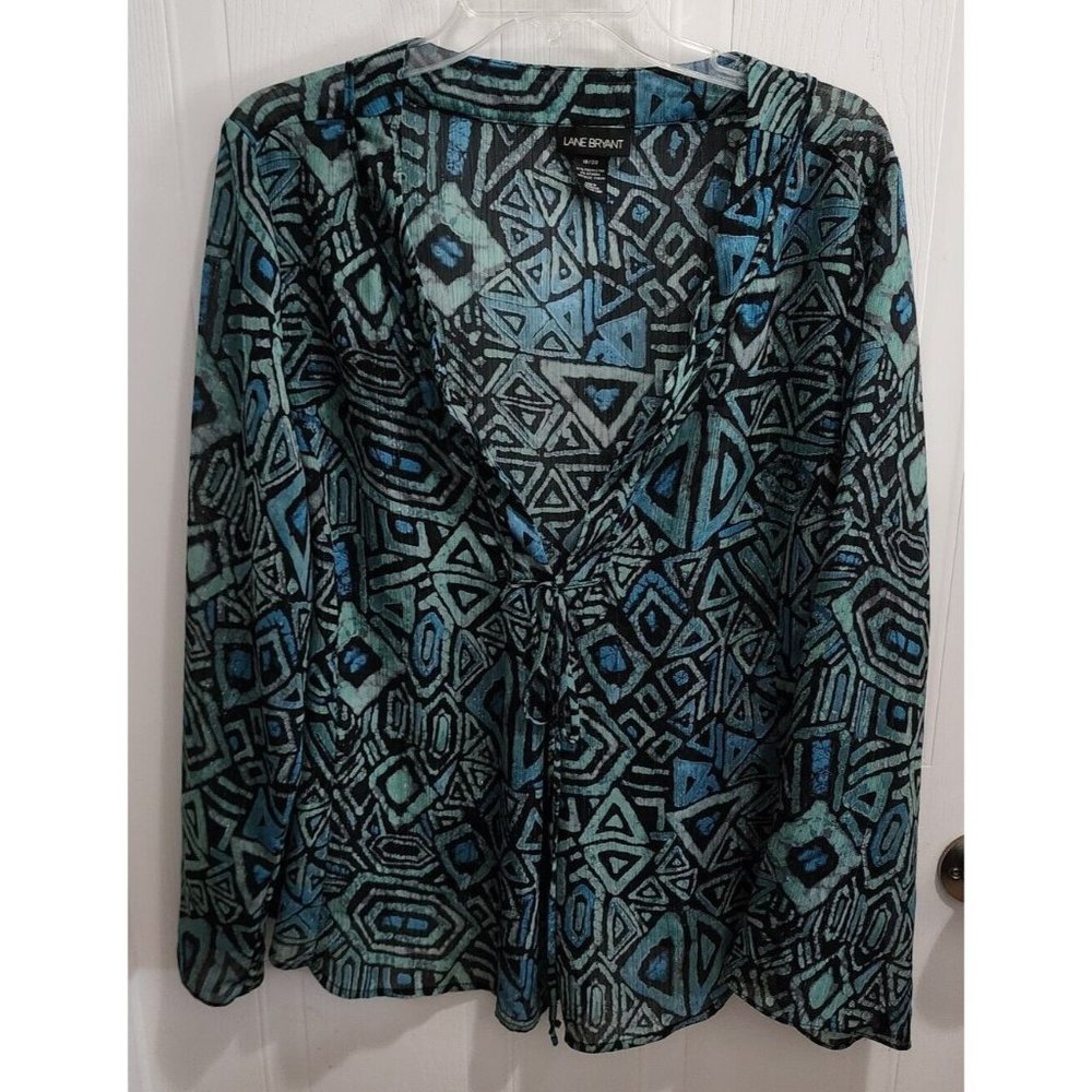 LANE BRYANT Women's Long Sleeve Semi Sheer Tunic Top Blue Geo Shapes Sz 18/20